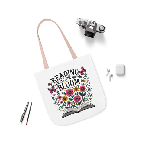 Reading Bloom Canvas Tote Bag, Pink Strap